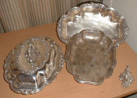 Pair of silver-plated shaped oblong entree dishes, covers and handles