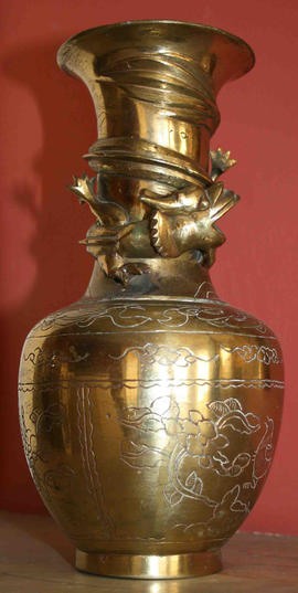 Pair of Chinese Brass Vases with a Dragon relief